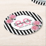 80th birthday party pink flowers black stripes round paper coaster<br><div class="desc">A coaster for a 80th birthday party for a girl. Classic slim black and white vertical stripes as background. With girly, feminine and romantic pink roses as decoration. A white and pink frame on front with template for age, name and date. Age number 80 in pink, name and date in...</div>