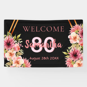80th birthday party pink gold dahlia flowers black banner
