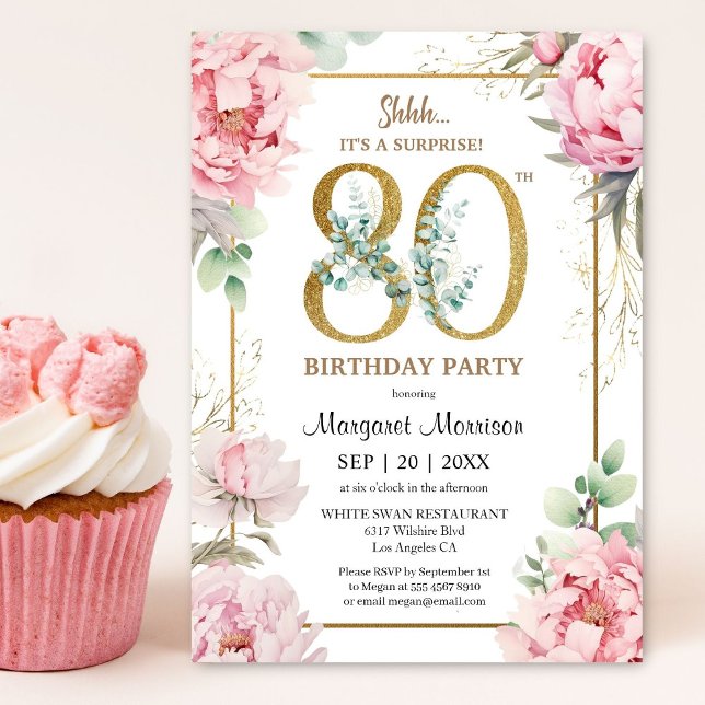 80th Birthday Party Pink Peony Elegant Floral Invitation (Creator Uploaded)