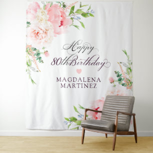 80th Birthday Party Pink Peony Floral Custom Tapestry