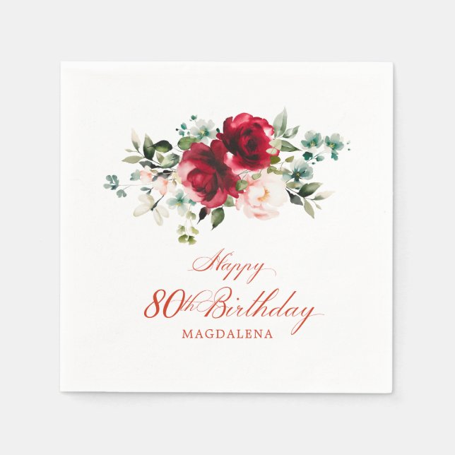 80th Birthday Party Pink Red Floral Custom Napkin (Front)