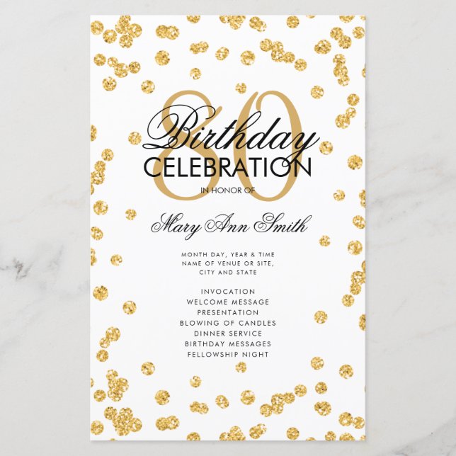 80th Birthday Party Program Gold Glitter w/ Menu (Front)