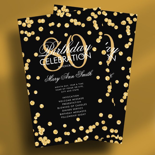 80th Birthday Party Program Gold Glitter w/ Menu (80th Birthday Party Program Gold Glitter w/ Menu Flyer)