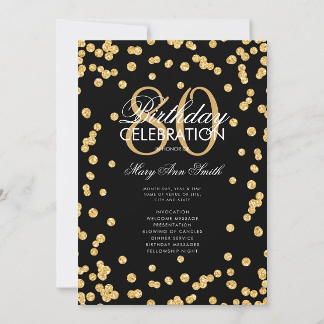 80th Birthday Party Program Gold Glitter w/ Menu Invitation (Front)