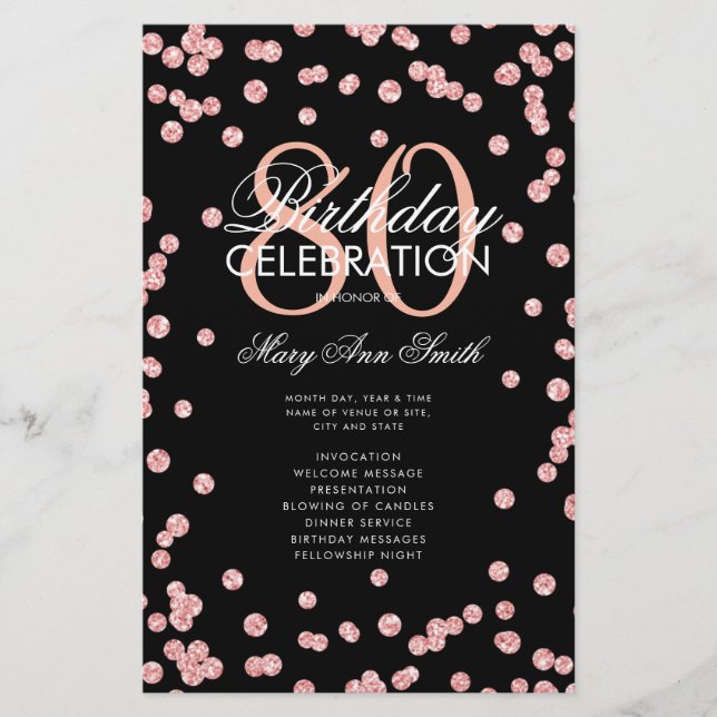80th Birthday Party Program Rose Gold Glitter Menu (Front)