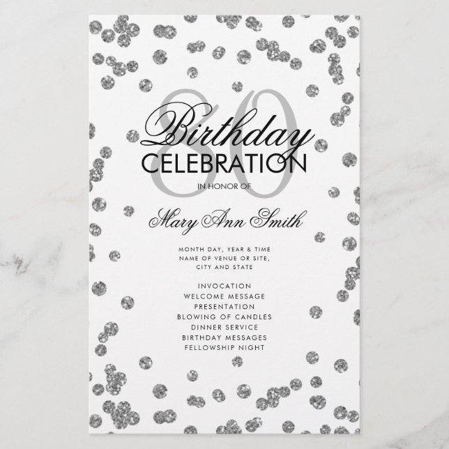 80th Birthday Party Program Silver Glitter Menu (Front)