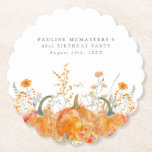80th Birthday Party Pumpkin Wildflower Custom Paper Coaster<br><div class="desc">Fall pumpkins are nestled in delicate golden yellow and orange wildflowers to create an elegant aesthetic. All of the text is editable so you can easily craft your own special mood.</div>