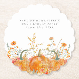 80th Birthday Party Pumpkin Wildflower Custom Paper Coaster