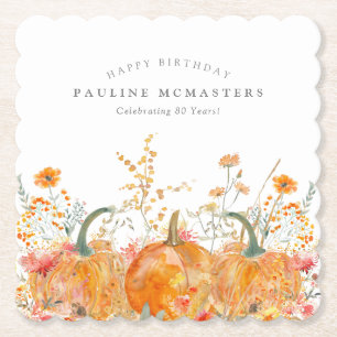 80th Birthday Party Pumpkin Wildflower Custom Paper Coaster