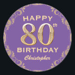 80th Birthday Party Purple and Gold Glitter Frame Classic Round Sticker<br><div class="desc">80th Birthday Party Purple and Gold Glitter Frame Sticker. For further customisation,  please click the "Customise it" button and use our design tool to modify this template.</div>