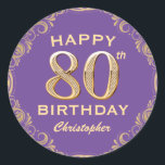 80th Birthday Party Purple and Gold Glitter Frame Classic Round Sticker<br><div class="desc">80th Birthday Party Purple and Gold Glitter Frame Sticker. For further customisation,  please click the "Customise it" button and use our design tool to modify this template.</div>