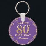80th Birthday Party Purple and Gold Glitter Frame Key Ring<br><div class="desc">80th Birthday Party Purple and Gold Glitter Frame Keychain. For further customization,  please click the "Customize it" button and use our design tool to modify this template.</div>