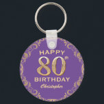80th Birthday Party Purple and Gold Glitter Frame Key Ring<br><div class="desc">80th Birthday Party Purple and Gold Glitter Frame Keychain. For further customization,  please click the "Customize it" button and use our design tool to modify this template.</div>