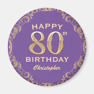 80th Birthday Party Purple and Gold Glitter Frame Magnet
