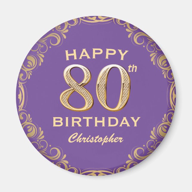 80th Birthday Party Purple and Gold Glitter Frame Magnet (Front)