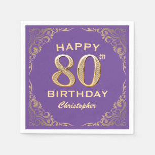 80th Birthday Party Purple and Gold Glitter Frame Napkin
