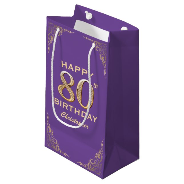 80th Birthday Party Purple and Gold Glitter Frame Small Gift Bag (Front Angled)