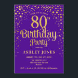 80th Birthday Party - Purple & Gold Invitation<br><div class="desc">80th Birthday Party Invitation.
Elegant design in royal purple and faux glitter gold. Features stylish script font and confetti. Message me if you need custom age.</div>