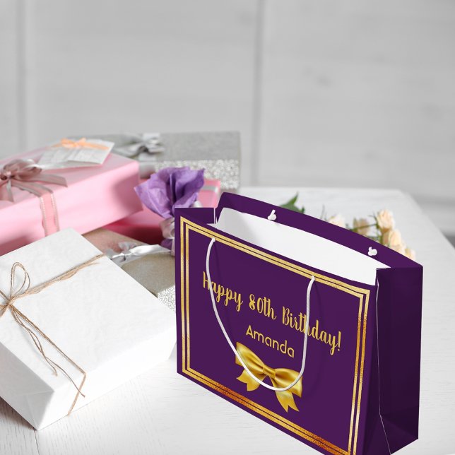 80th birthday party purple gold name bow elegant large gift bag (Creator Uploaded)