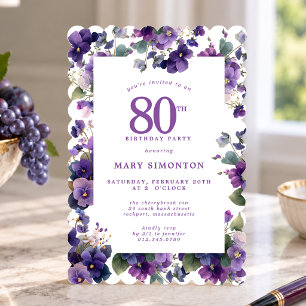 80th Birthday Party Purple Violet Flower Invitation
