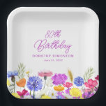 80th Birthday Party Purple Wildflower Custom Paper Plate<br><div class="desc">A pretty watercolor wildflower border decorates the bottom of this birthday party custom paper plate. The colourful wildflowers are perfect for a spring or summer birthday party. The birthday celebrant's name and birthday are included for you to personalise. All text is editable.</div>