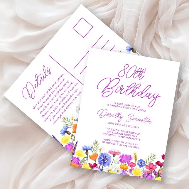 80th Birthday Party Purple Wildflowers Affordable Invitation Postcard (Creator Uploaded)