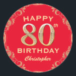 80th Birthday Party Red and Gold Glitter Frame Classic Round Sticker<br><div class="desc">80th Birthday Party Red and Gold Glitter Frame Sticker. For further customisation,  please click the "Customise it" button and use our design tool to modify this template.</div>