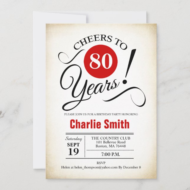 80th Birthday Party -  Red Black White Invitation (Front)
