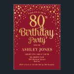 80th Birthday Party - Red & Gold Invitation<br><div class="desc">80th Birthday Party Invitation.
Elegant design in red and faux glitter gold. Features stylish script font and confetti. Message me if you need custom age.</div>