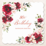 80th Birthday Party Red Pink Floral Custom Paper Coaster<br><div class="desc">Pretty red roses and blush pink peonie decorate this 80th birthday party custom paper coaster. Two lovely floral arrangements decorate two corners. Elegant calligraphy spells out 80th birthday, with birthday celebrant's name is below. This item is part of the Red Rose and Pink Peony collection. It contains professional designed invitation...</div>