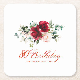 80th Birthday Party Red Pink Floral Custom Square Paper Coaster