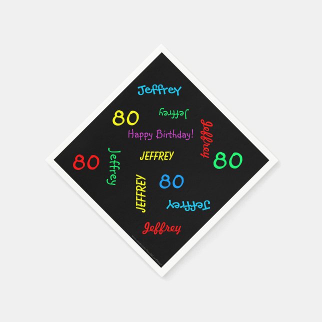 80th Birthday Party Repeating Names Black Paper Napkin (Corner)