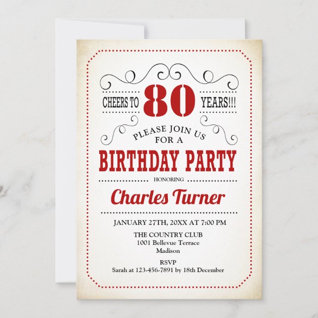 80th Birthday Party - Retro Creamy White and Red Invitation (Front)