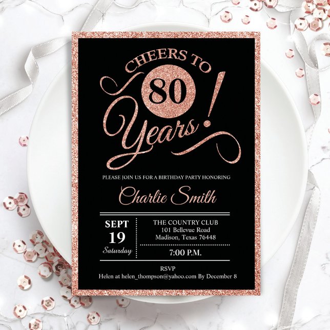 80th Birthday Party - Rose Gold Black ANY AGE Invitation (Creator Uploaded)