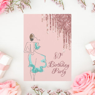 80th birthday party rose gold glitter drips art invitation