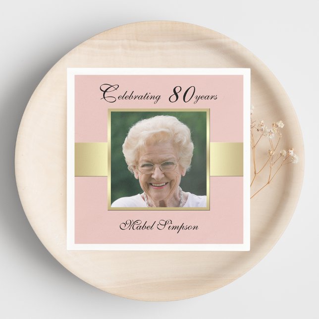 80th Birthday Party Rose Gold Photo Napkins (Creator Uploaded)