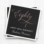 80th Birthday Party Rose Gold Script Personalised Napkin<br><div class="desc">Celebrate 80 incredible years in style with these 80th Birthday Party Rose Gold Script Personalised Napkins. Featuring elegant metallic-look rose gold script and fully customisable text, these napkins add a touch of glam to your milestone celebration. Perfect for cocktail hour, dessert tables, or sit-down dinners, they effortlessly elevate your party...</div>