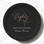 80th Birthday Party Rose Gold Script Personalised Paper Plate<br><div class="desc">Make your milestone celebration shine with these 80th Birthday Party Rose Gold Script Personalised Paper Plates. Designed with elegant rose gold-style script and fully customisable text, these disposable plates add a touch of sophistication to any birthday bash. Perfect for serving cake, appetizers, or full meals, they combine style with convenience....</div>