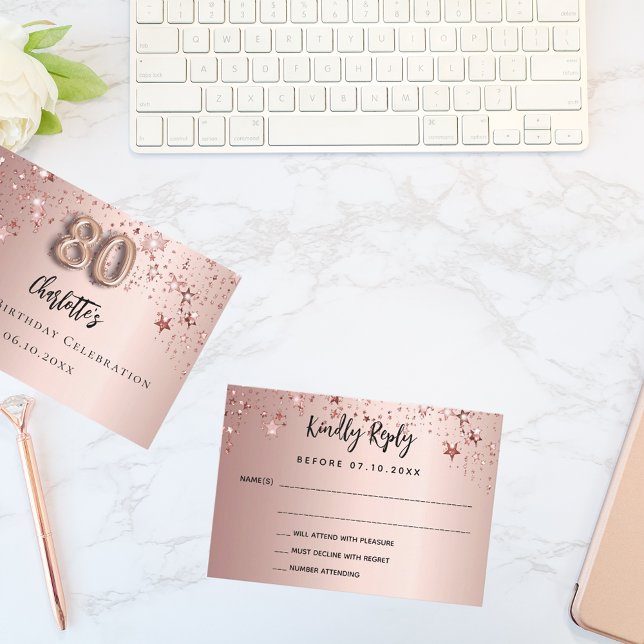 80th birthday party rose gold stars RSVP card (Creator Uploaded)