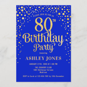 80th Birthday Party - Royal Blue & Gold Invitation