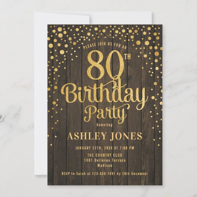 80th Birthday Party - Rustic Wood & Gold Invitation (Front)