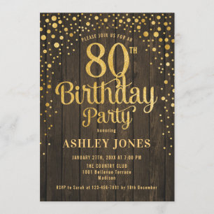 80th Birthday Party - Rustic Wood & Gold Invitation