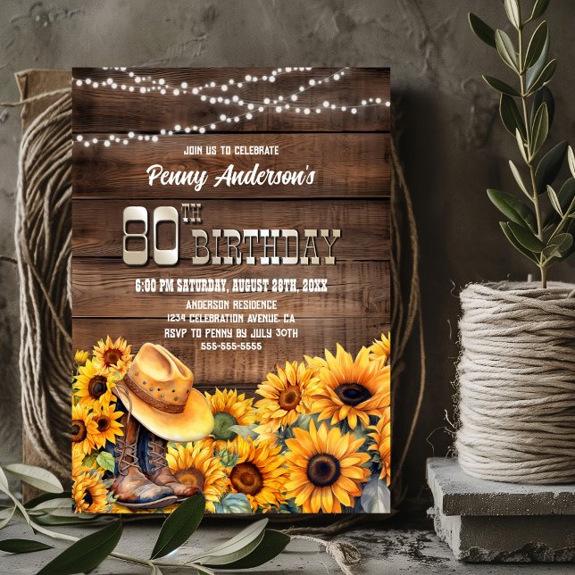 80th Birthday Party Rustic Wood Sunflower Invitation (Creator Uploaded)