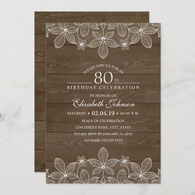 80th birthday party Rustic Wood Unique Lace Invitation (Front/Back)