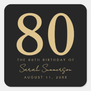 80th Birthday Party Script Black Gold Eighty Square Sticker