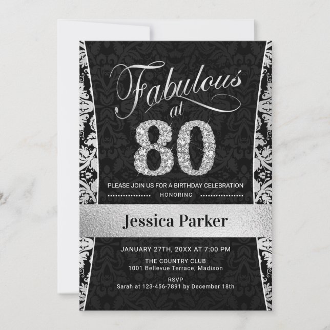 80th Birthday Party - Silver Black Invitation (Front)