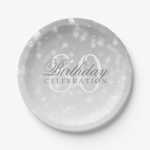 80th Birthday Party Silver Bokeh Sparkle Lights Paper Plate