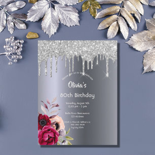 80th birthday party Silver glitter drip invitation Postcard