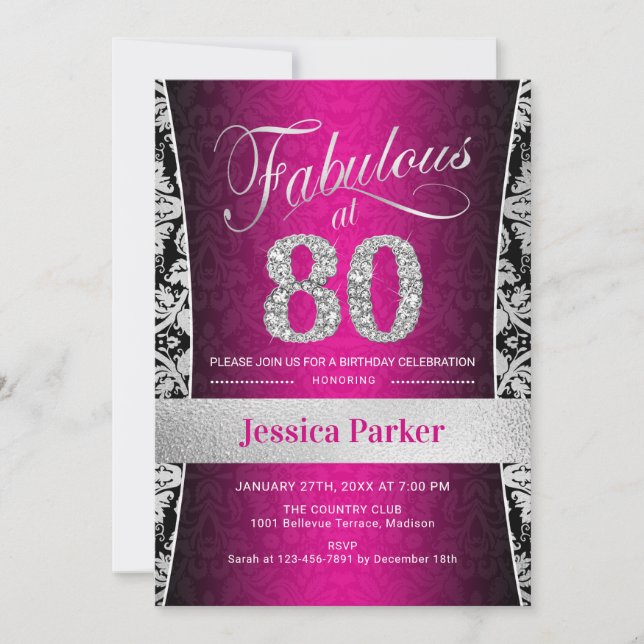 80th Birthday Party - Silver Pink Black Invitation (Front)
