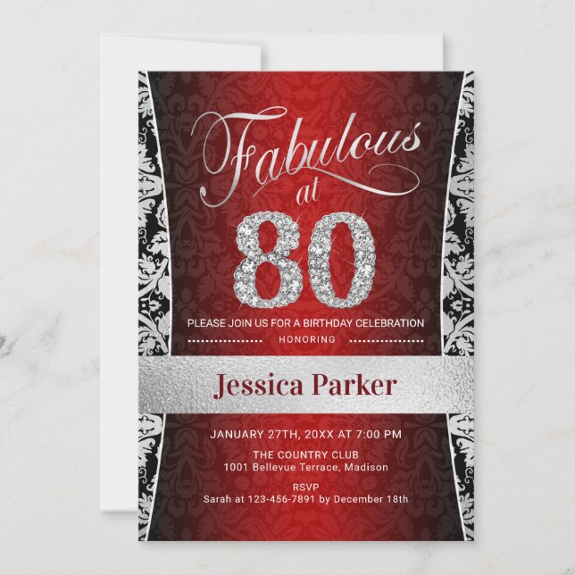 80th Birthday Party - Silver Red Black Invitation (Front)